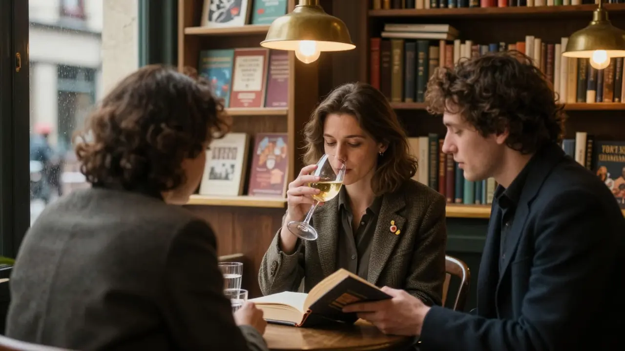 A woman in a professional blazer shares wine with a client in a cozy bookstore café on Rue Mouffetard, shelves of books behind them.