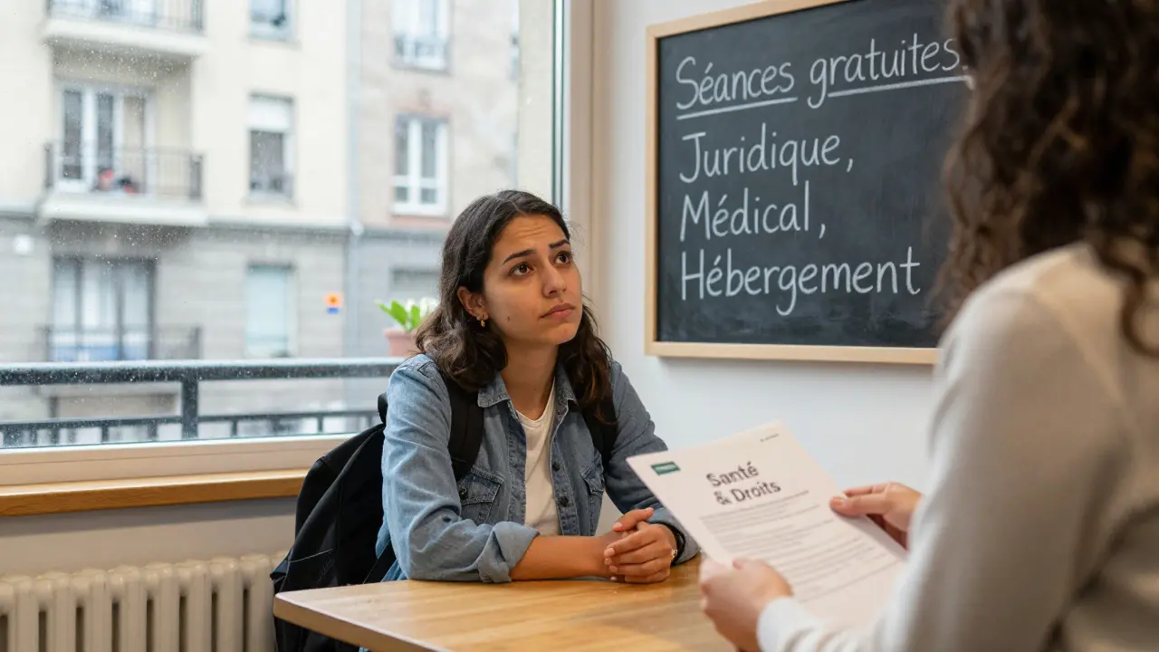 A woman receiving legal support at a community center in Paris 13th, rain streaking the window behind her.