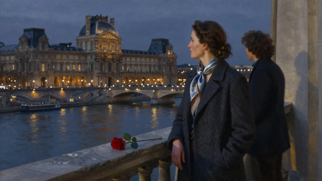 A woman stands on a Seine balcony at dusk, overlooking the Louvre, symbolizing elegance and discretion.
