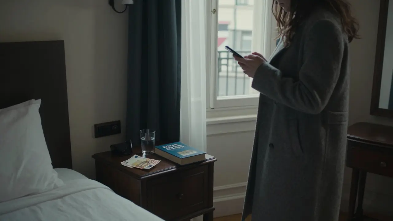 An empty hotel room with a book and folded cash on the nightstand, curtains half-drawn, conveying quiet dignity.