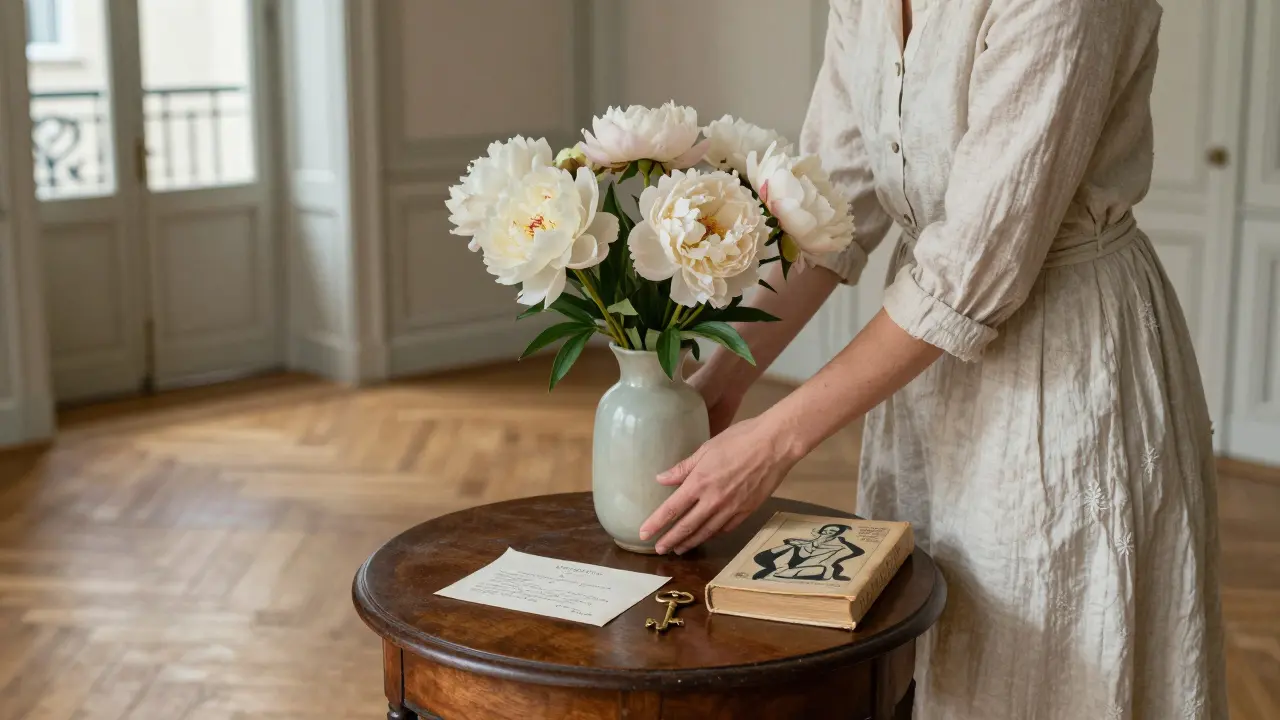 An empty Parisian salon holds quiet traces of a woman’s presence—flowers, a book, and a key.