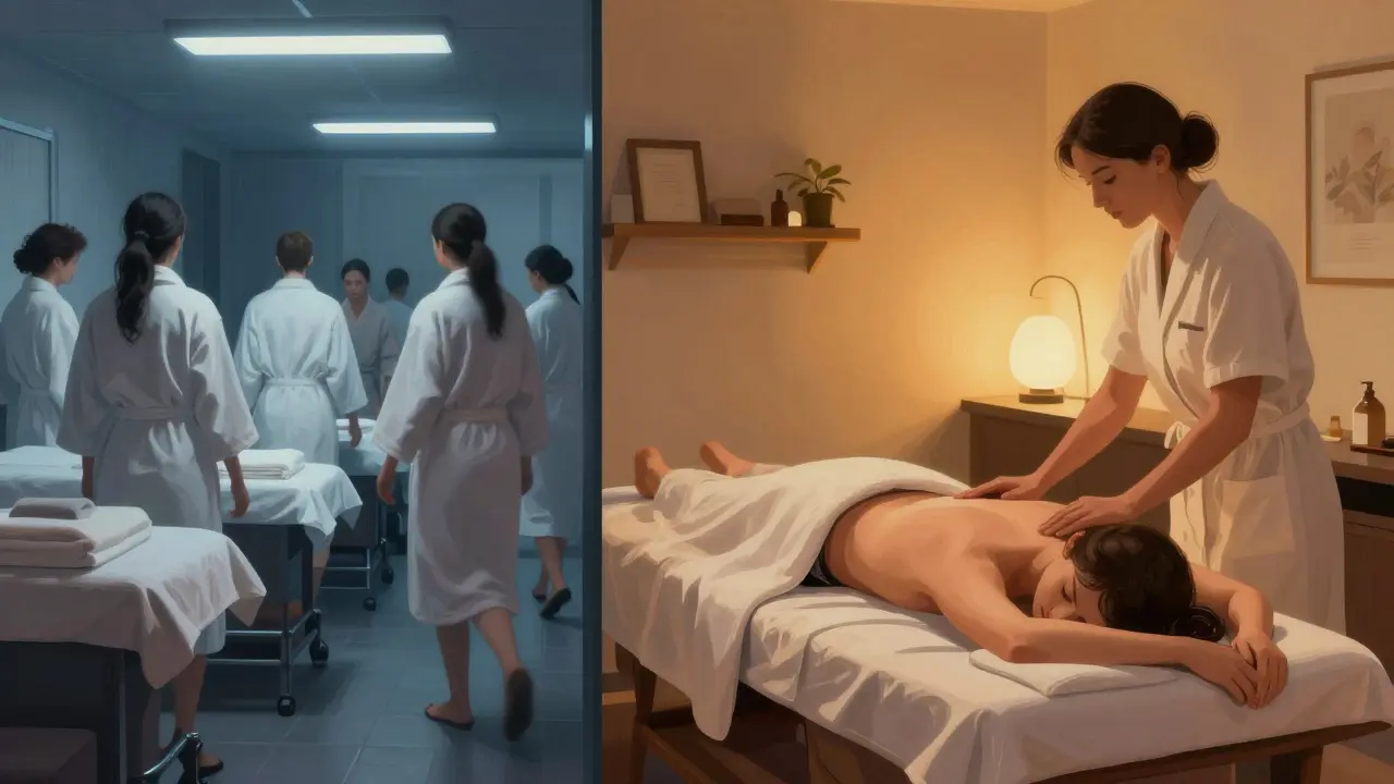 Contrast between a crowded spa and a serene private massage room in Paris.