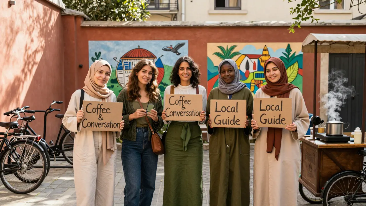 Diverse independent companions stand in a sunlit courtyard, offering conversation and local guidance with warmth and dignity.