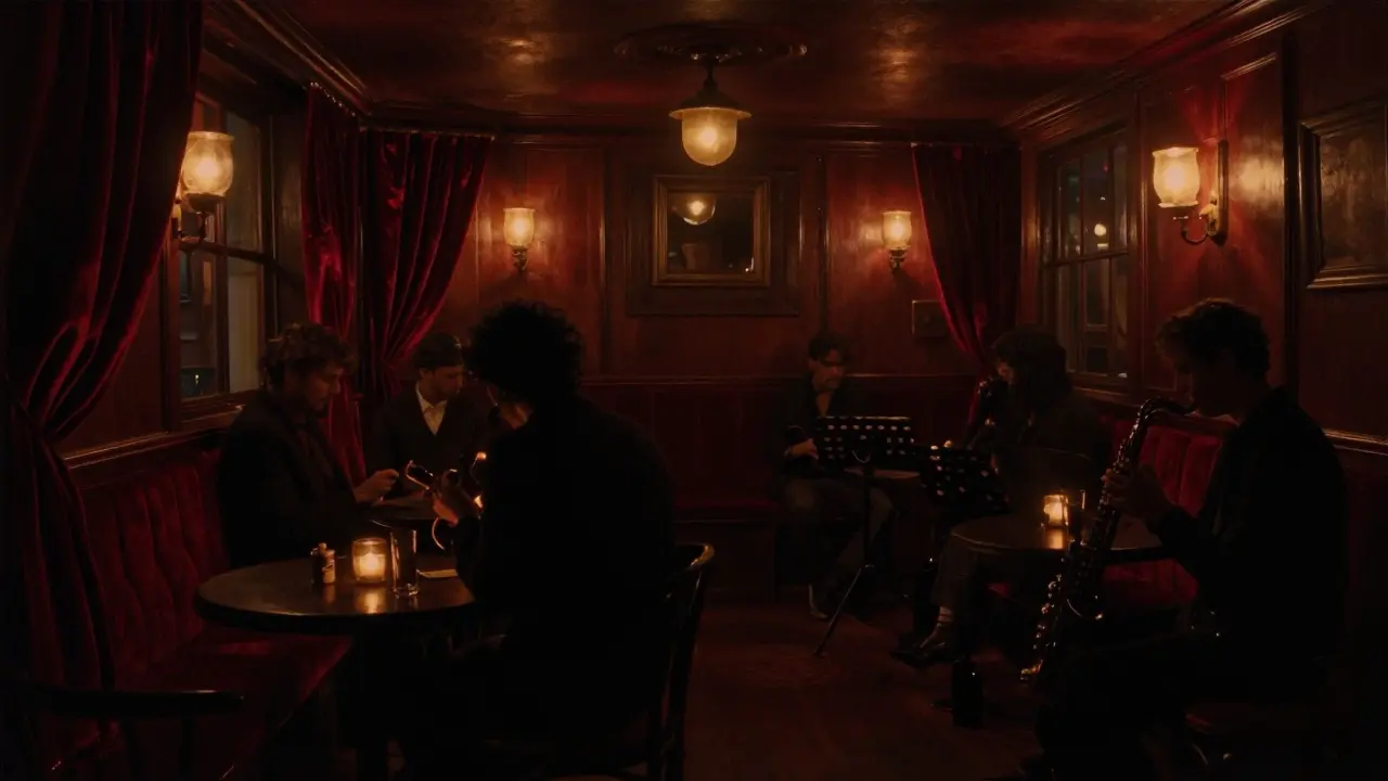 Interior view of dimly lit secret jazz cellar in Paris with vintage decor and warm amber lighting.