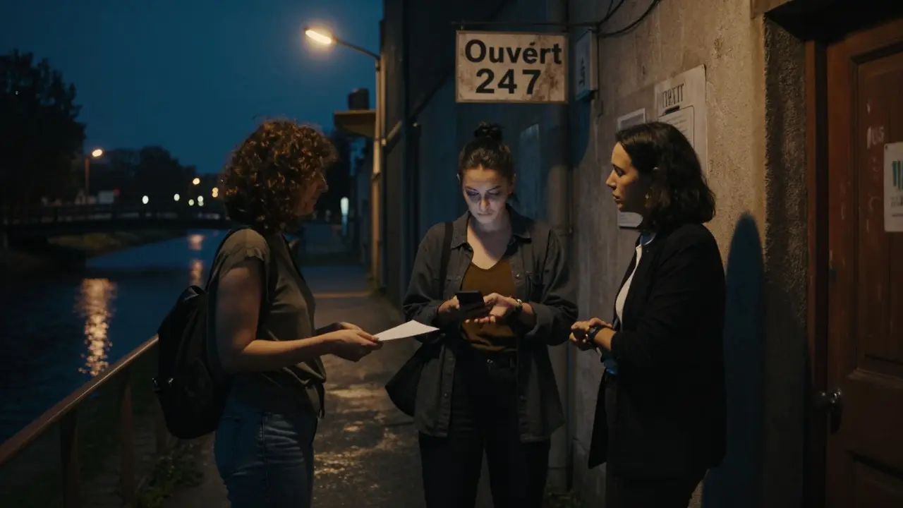 Three women in a dim hallway near a canal, passing a note in quiet conversation under a flickering streetlight.