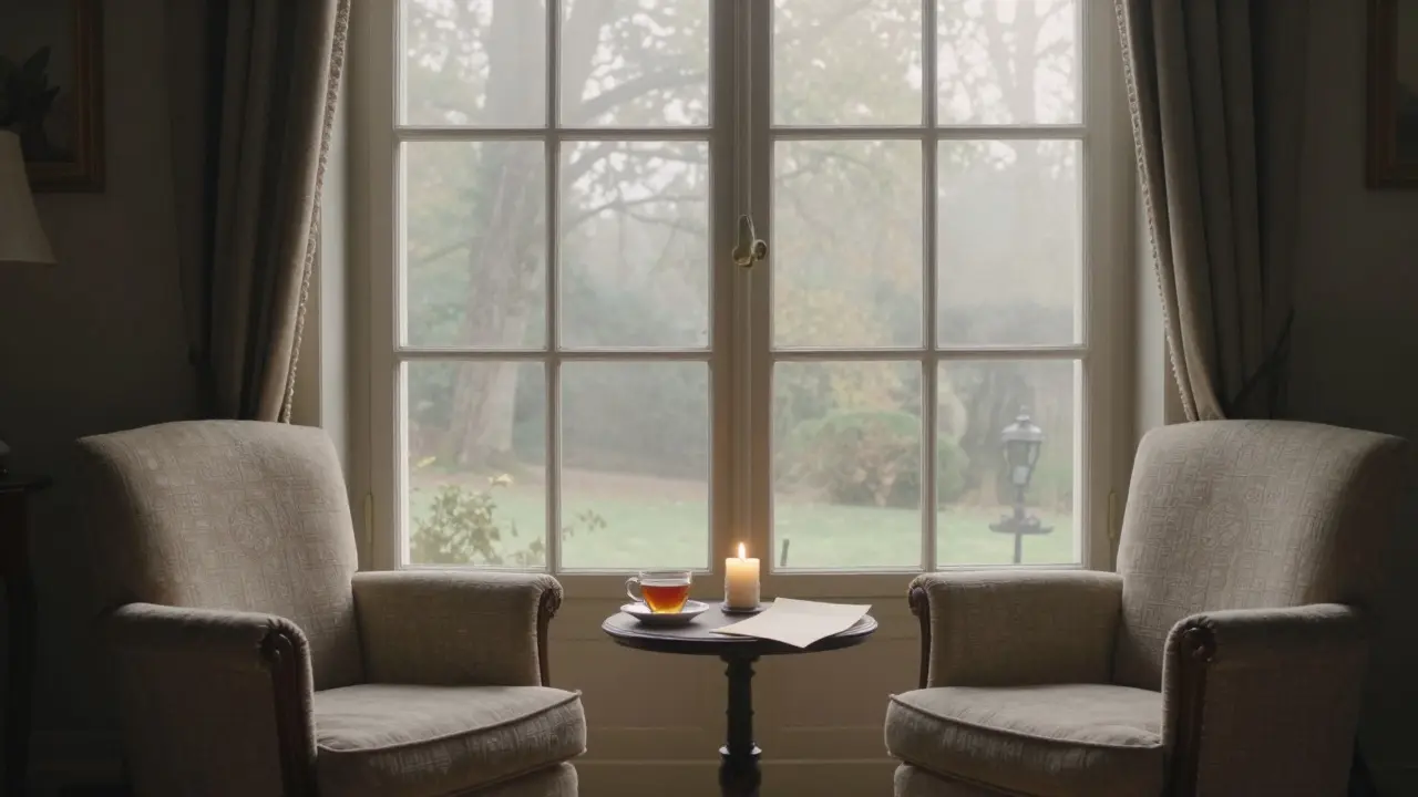 Two empty armchairs beside a cooling cup of tea in a sunlit villa near Fontainebleau.