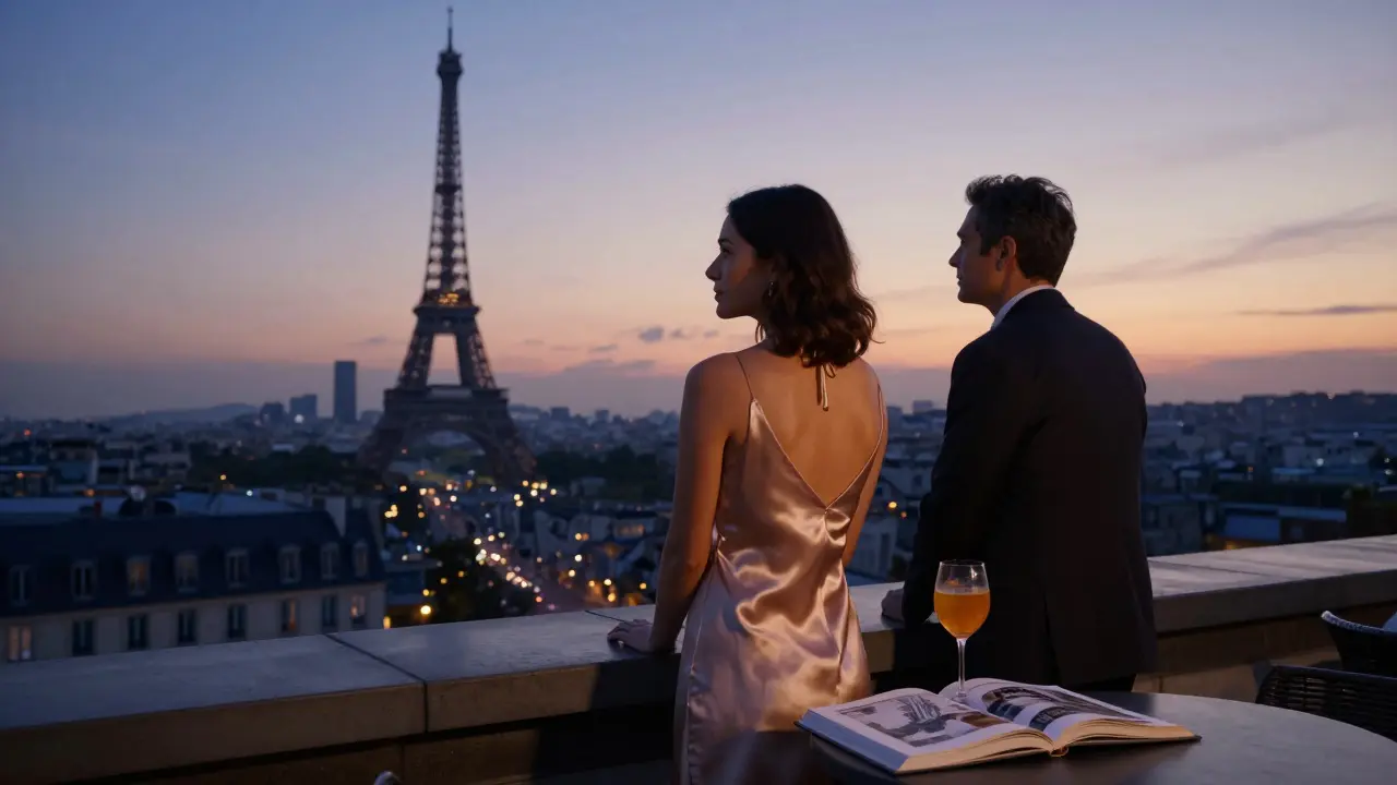 Two figures on a rooftop at dawn, overlooking Paris as the Eiffel Tower glows faintly in the distance.