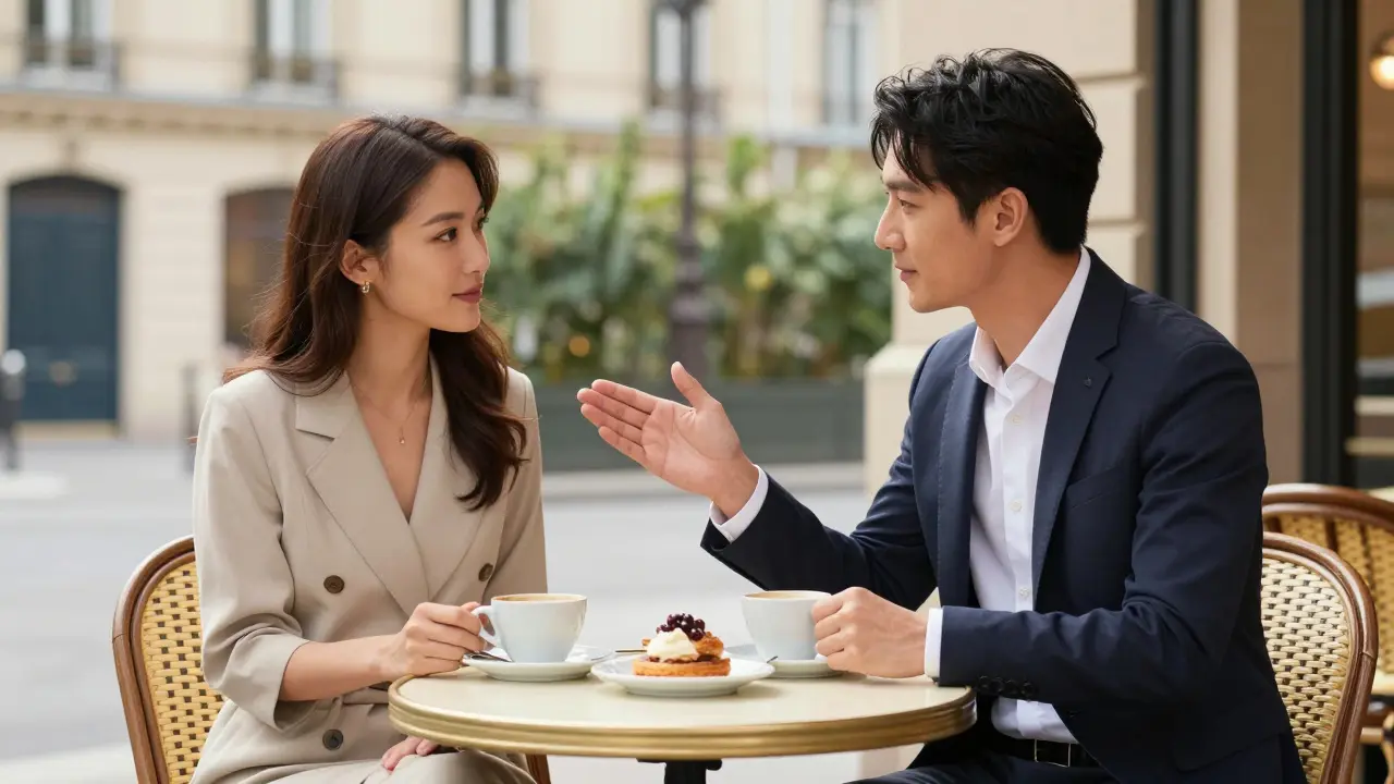 Two people conversing at a chic sidewalk cafe in Saint-Germain-des-Prés with sunlight flaring.