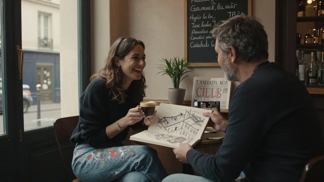 Two people laugh over coffee in a Parisian café, a sketchbook open between them filled with drawings of the city.