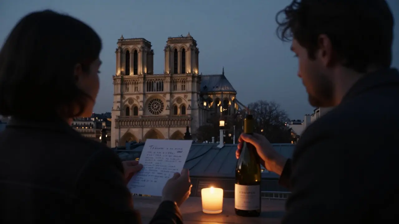 Two silhouettes share wine on a rooftop terrace at twilight, with Notre-Dame visible in the distance under candlelight.